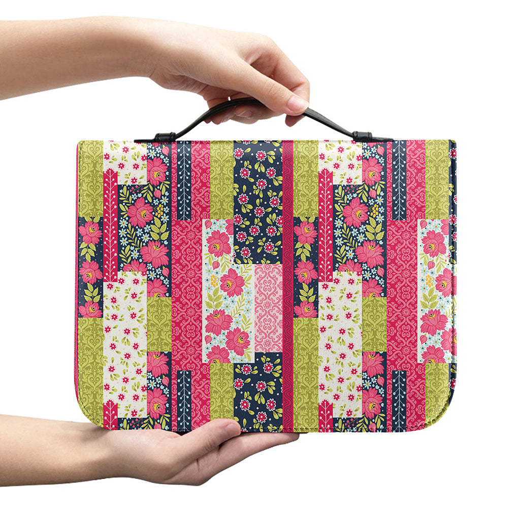 Pink Flower Patchwork Pattern Print Leather Bible Cover
