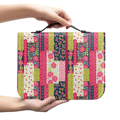 Pink Flower Patchwork Pattern Print Leather Bible Cover