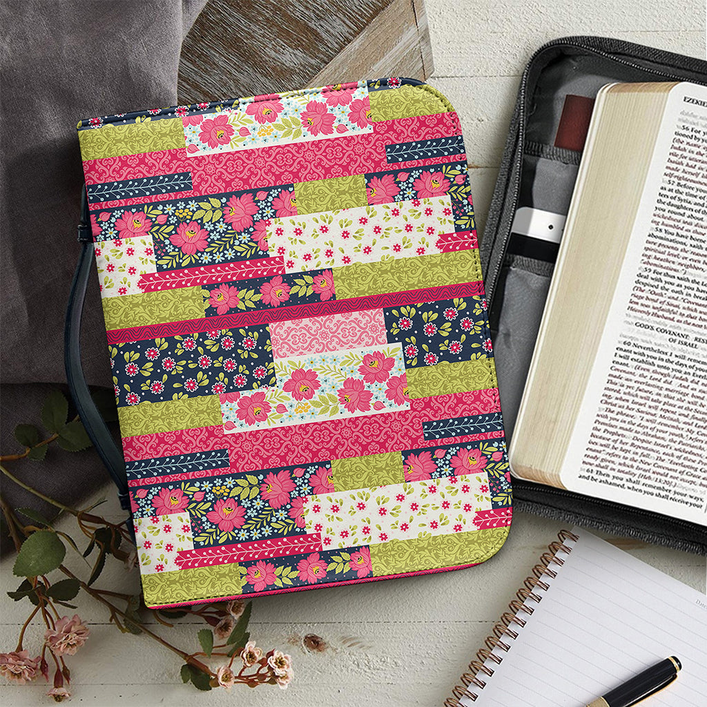 Pink Flower Patchwork Pattern Print Leather Bible Cover