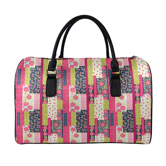 Pink Flower Patchwork Pattern Print Leather Duffle Bag