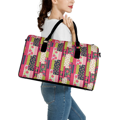 Pink Flower Patchwork Pattern Print Leather Duffle Bag