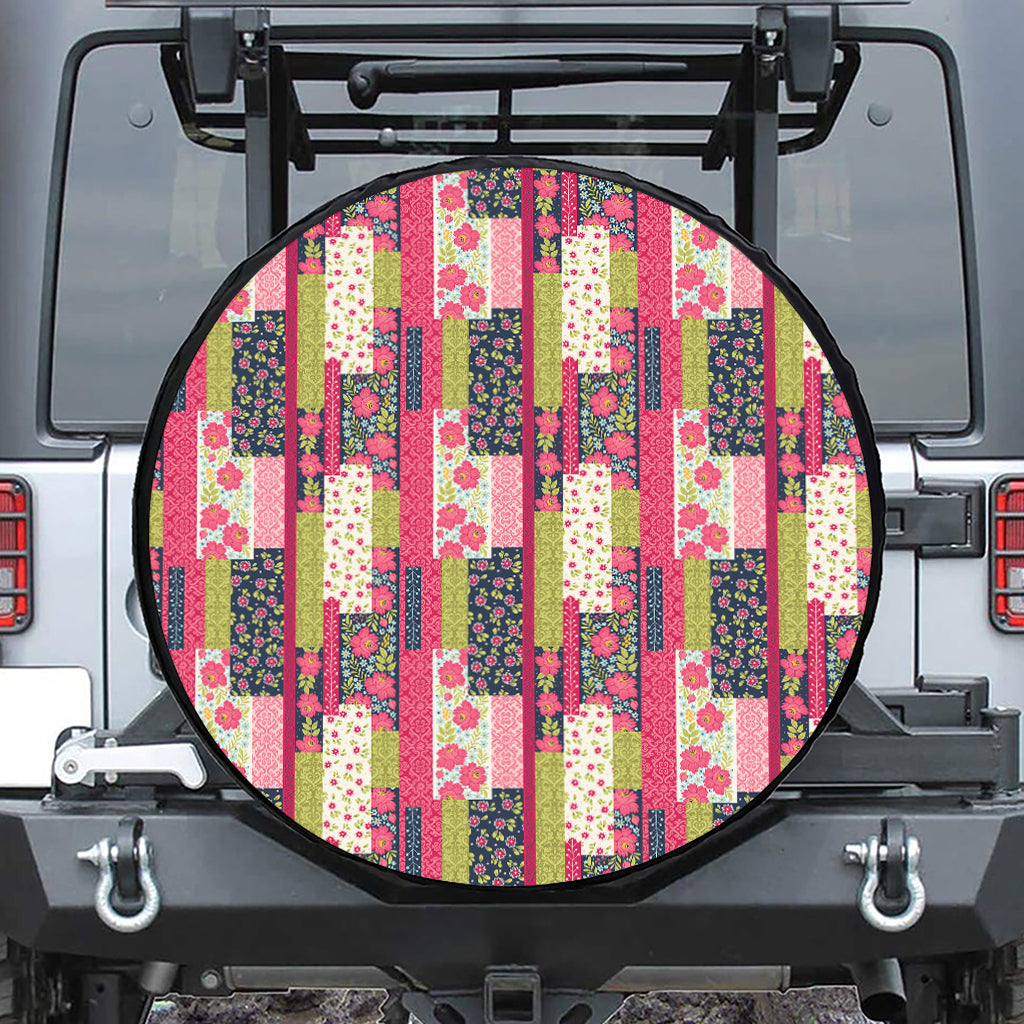 Pink Flower Patchwork Pattern Print Leather Spare Tire Cover