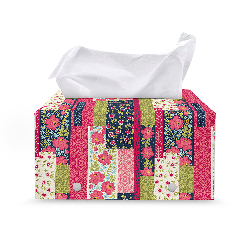 Pink Flower Patchwork Pattern Print Leather Tissue Box Cover