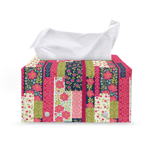 Pink Flower Patchwork Pattern Print Leather Tissue Box Cover