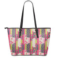 Pink Flower Patchwork Pattern Print Leather Tote Bag With Zipper