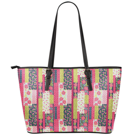Pink Flower Patchwork Pattern Print Leather Tote Bag
