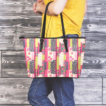 Pink Flower Patchwork Pattern Print Leather Tote Bag
