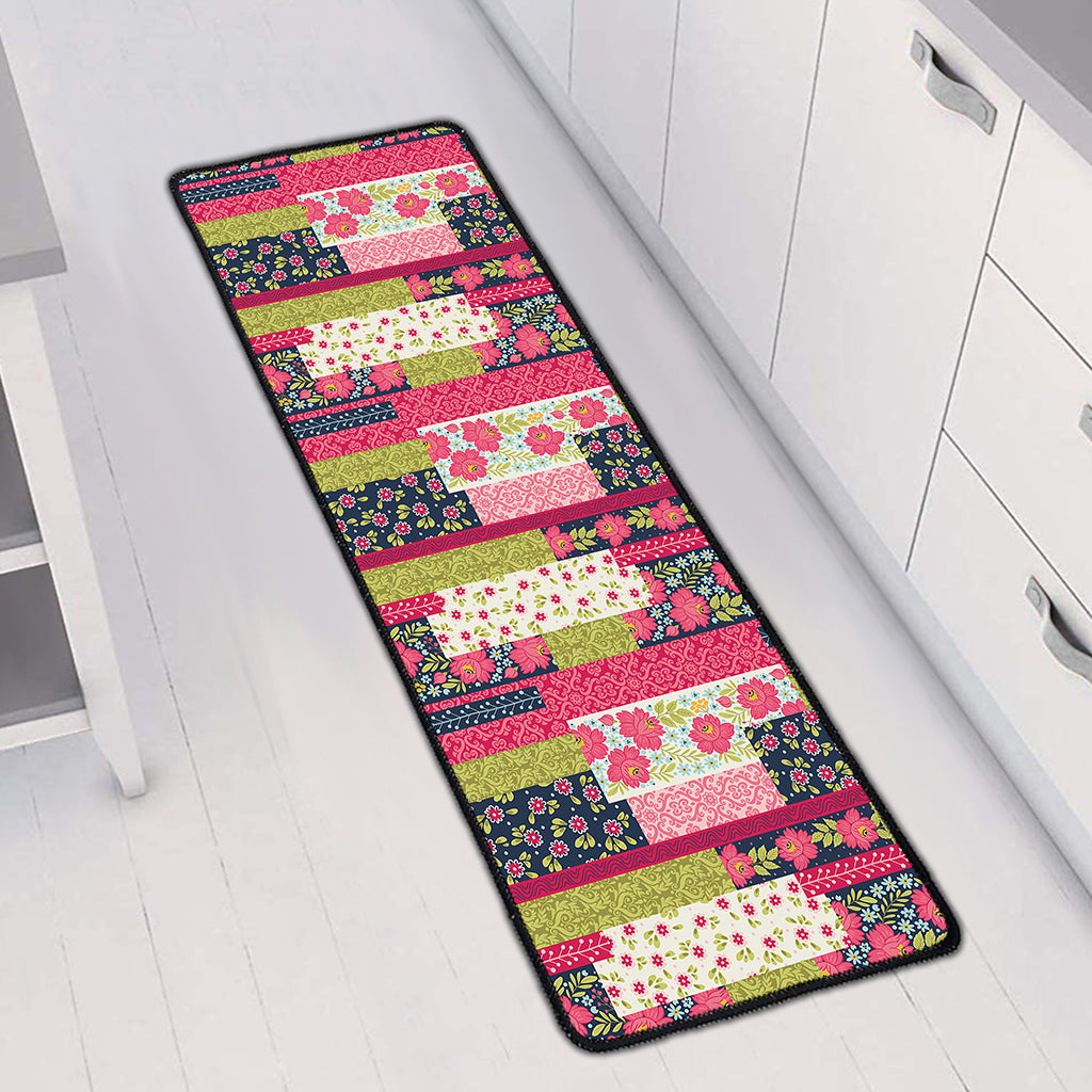 Pink Flower Patchwork Pattern Print Long Kitchen Mat