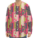 Pink Flower Patchwork Pattern Print Long Sleeve Baseball Jersey