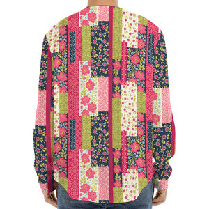 Pink Flower Patchwork Pattern Print Long Sleeve Baseball Jersey