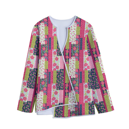 Pink Flower Patchwork Pattern Print Long Sleeve Short Coat