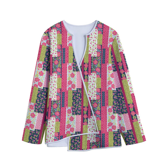Pink Flower Patchwork Pattern Print Long Sleeve Short Coat