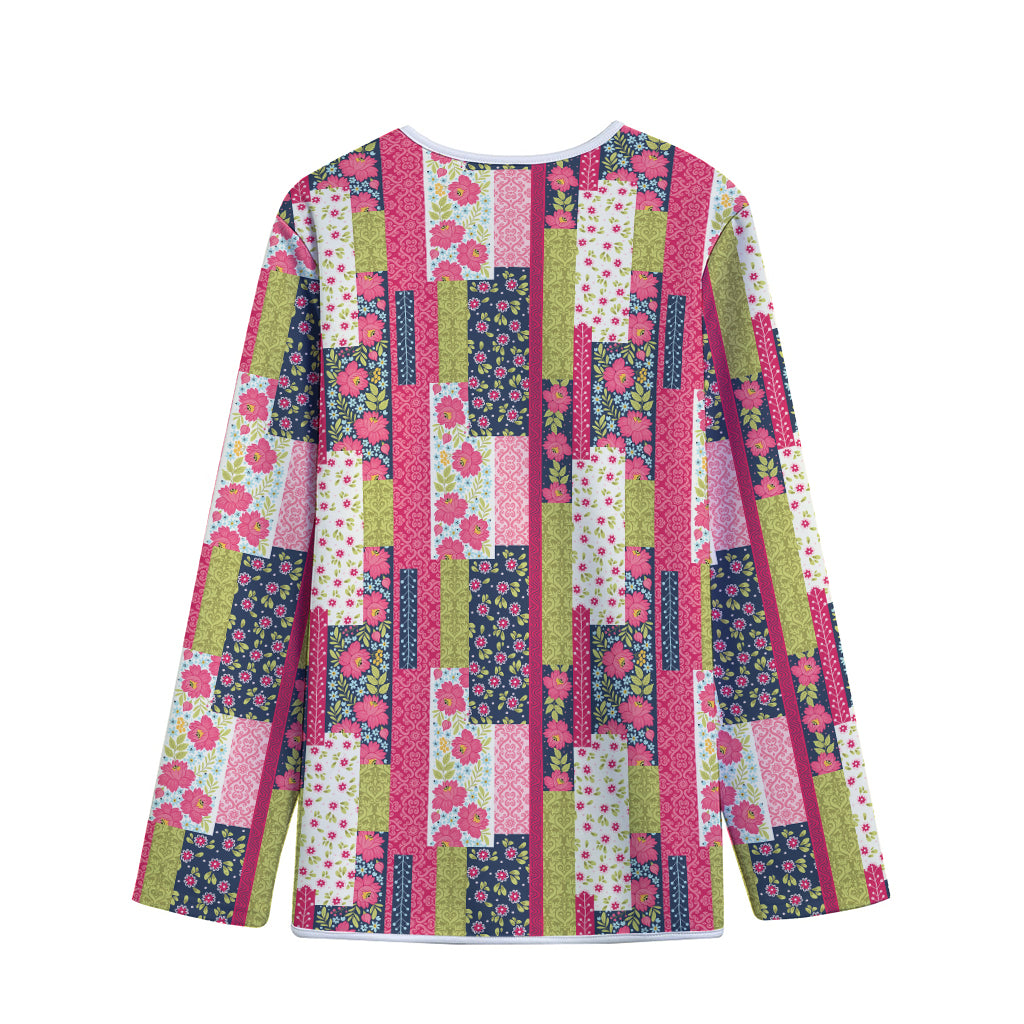 Pink Flower Patchwork Pattern Print Long Sleeve Short Coat