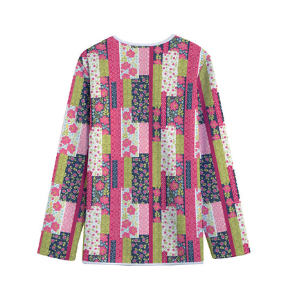 Pink Flower Patchwork Pattern Print Long Sleeve Short Coat