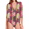 Pink Flower Patchwork Pattern Print Long Sleeve Swimsuit