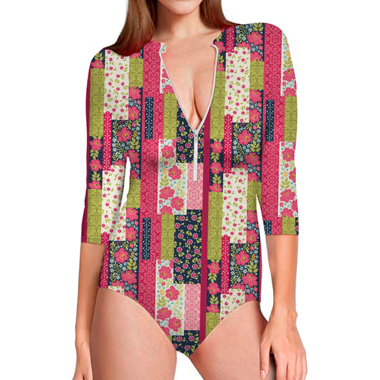 Pink Flower Patchwork Pattern Print Long Sleeve Swimsuit