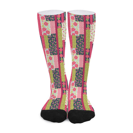 Pink Flower Patchwork Pattern Print Long Socks
