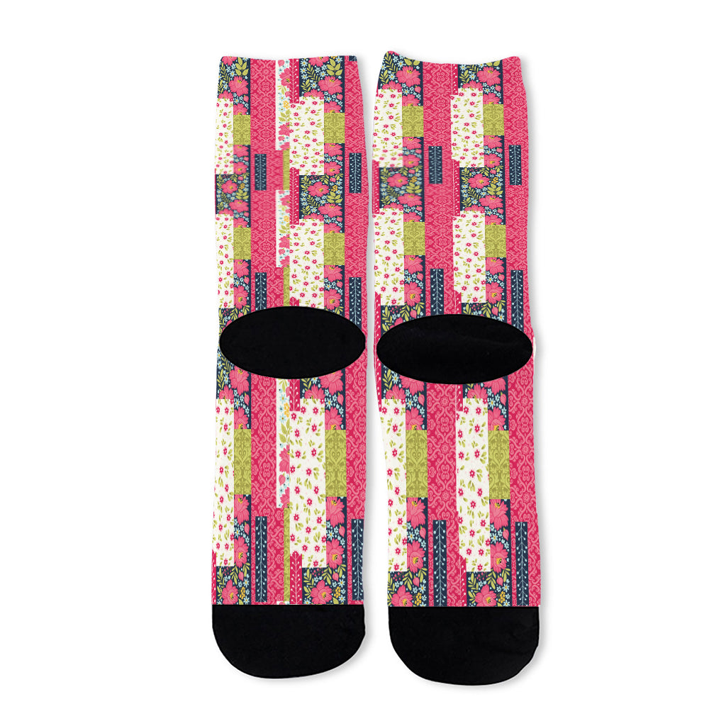 Pink Flower Patchwork Pattern Print Long Socks