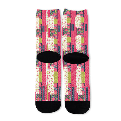 Pink Flower Patchwork Pattern Print Long Socks