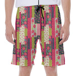 Pink Flower Patchwork Pattern Print Men's Beach Shorts