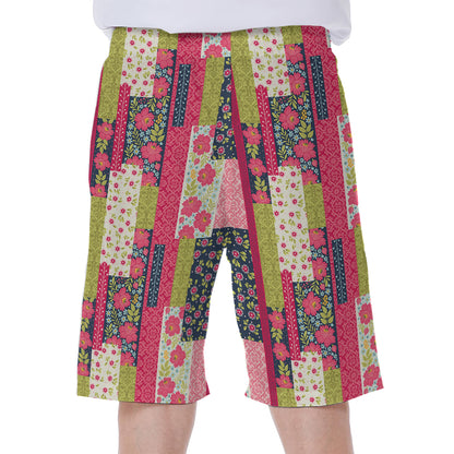 Pink Flower Patchwork Pattern Print Men's Beach Shorts