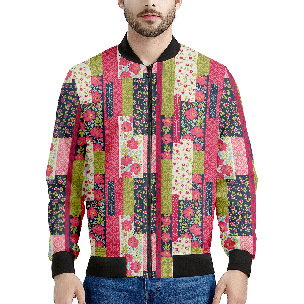 Pink Flower Patchwork Pattern Print Men's Bomber Jacket
