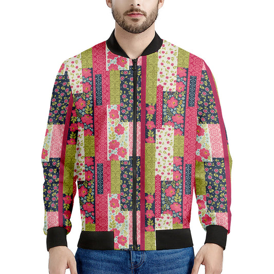 Pink Flower Patchwork Pattern Print Men's Bomber Jacket