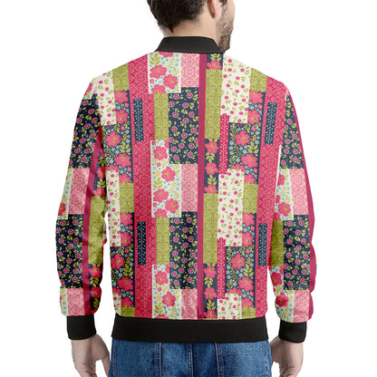 Pink Flower Patchwork Pattern Print Men's Bomber Jacket