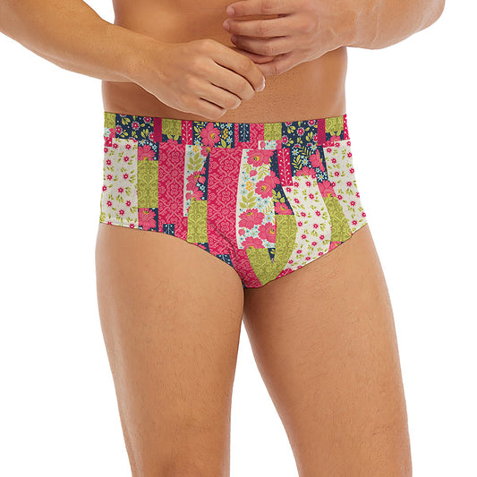 Pink Flower Patchwork Pattern Print Men's Briefs