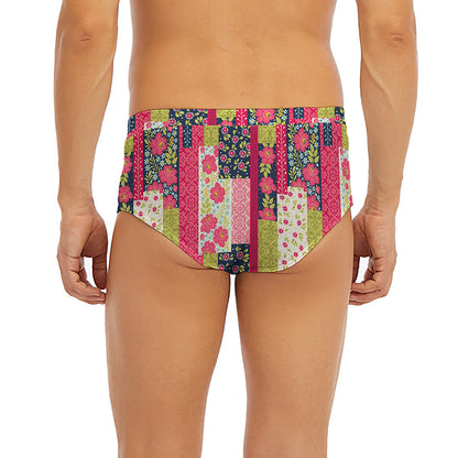 Pink Flower Patchwork Pattern Print Men's Briefs
