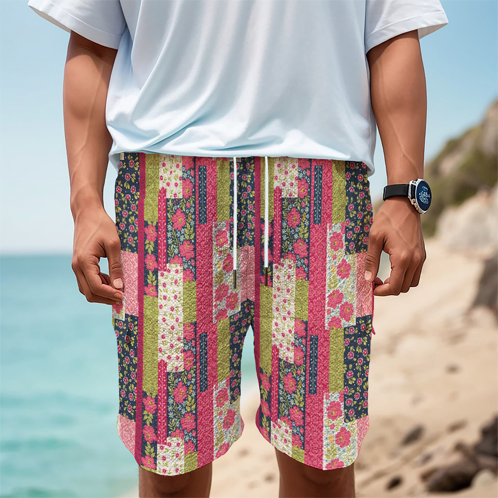 Pink Flower Patchwork Pattern Print Men's Cargo Shorts