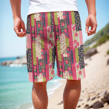 Pink Flower Patchwork Pattern Print Men's Cargo Shorts