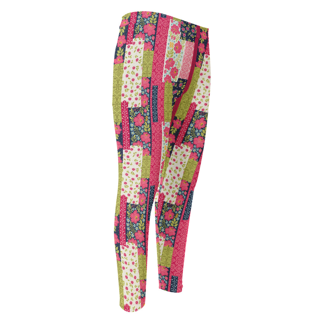 Pink Flower Patchwork Pattern Print Men's Compression Pants