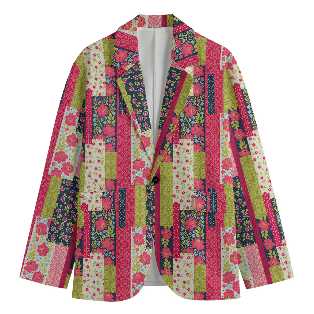 Pink Flower Patchwork Pattern Print Men's Cotton Blazer