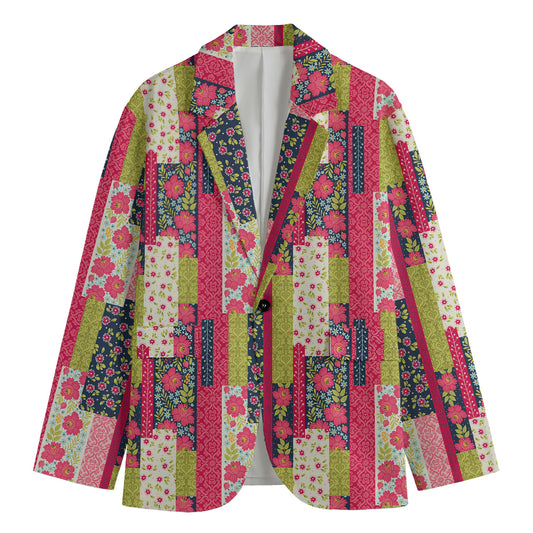 Pink Flower Patchwork Pattern Print Men's Cotton Blazer