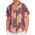 Pink Flower Patchwork Pattern Print Men's Deep V-Neck Shirt