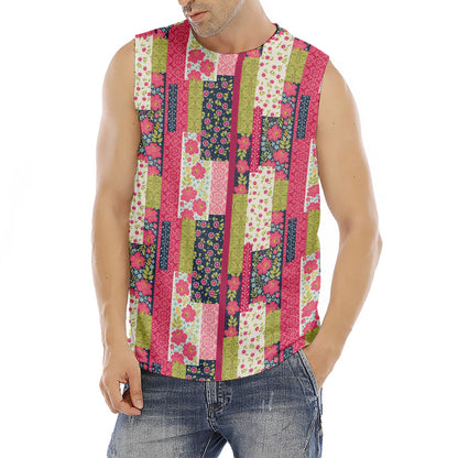 Pink Flower Patchwork Pattern Print Men's Fitness Tank Top