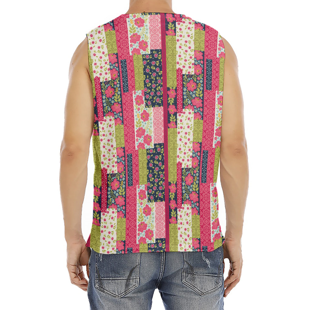 Pink Flower Patchwork Pattern Print Men's Fitness Tank Top