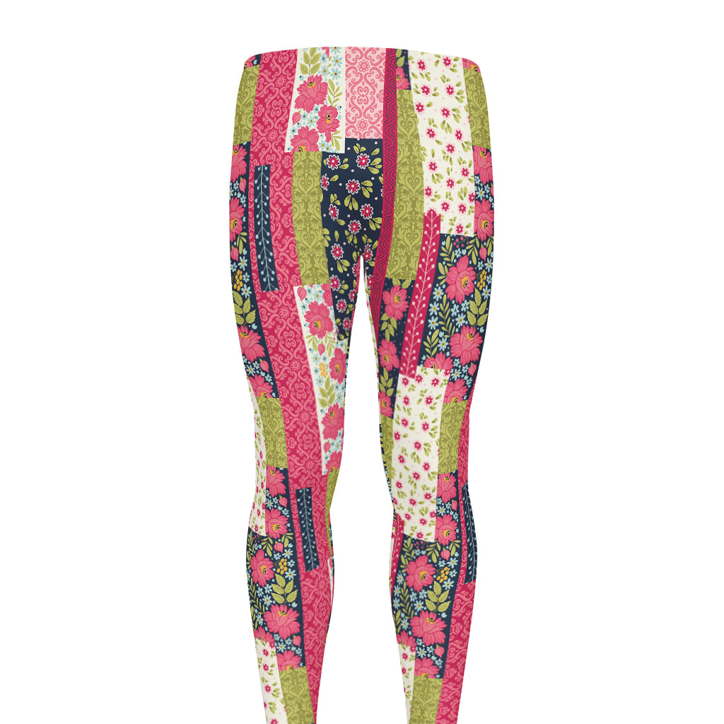 Pink Flower Patchwork Pattern Print Men's leggings