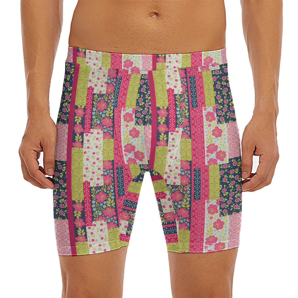 Pink Flower Patchwork Pattern Print Men's Long Boxer Briefs