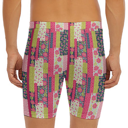 Pink Flower Patchwork Pattern Print Men's Long Boxer Briefs