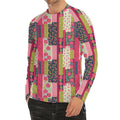 Pink Flower Patchwork Pattern Print Men's Long Sleeve Rash Guard