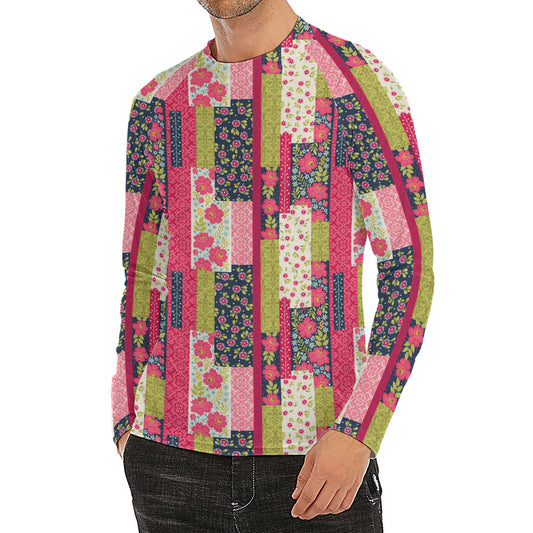 Pink Flower Patchwork Pattern Print Men's Long Sleeve Rash Guard