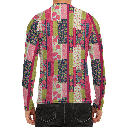 Pink Flower Patchwork Pattern Print Men's Long Sleeve Rash Guard