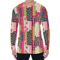 Pink Flower Patchwork Pattern Print Men's Long Sleeve T-Shirt
