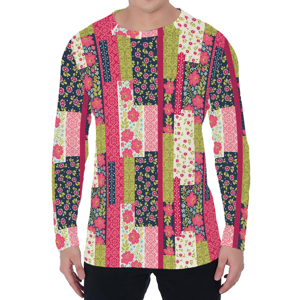 Pink Flower Patchwork Pattern Print Men's Long Sleeve T-Shirt