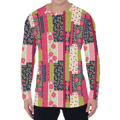 Pink Flower Patchwork Pattern Print Men's Long Sleeve T-Shirt