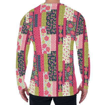Pink Flower Patchwork Pattern Print Men's Long Sleeve T-Shirt