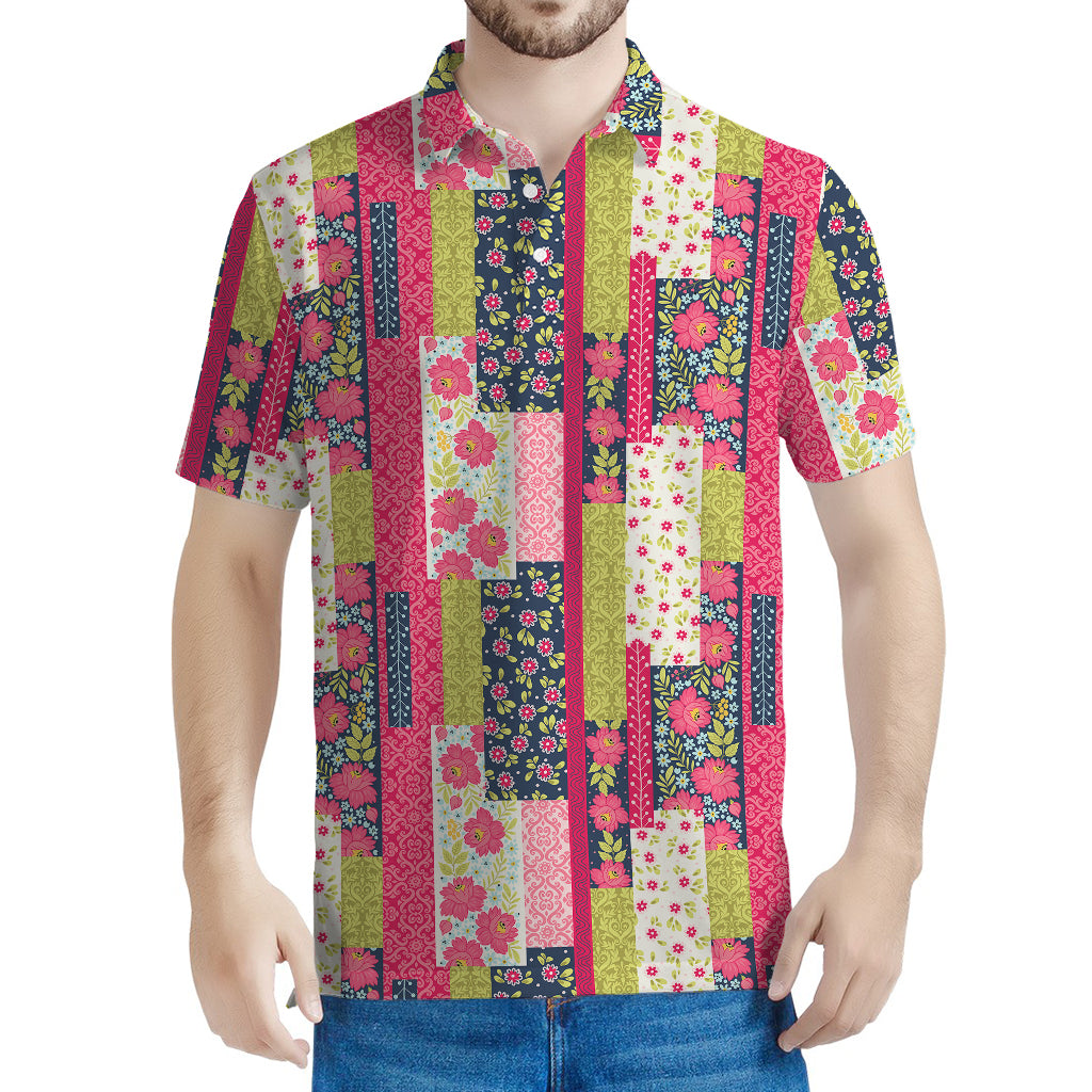 Pink Flower Patchwork Pattern Print Men's Polo Shirt