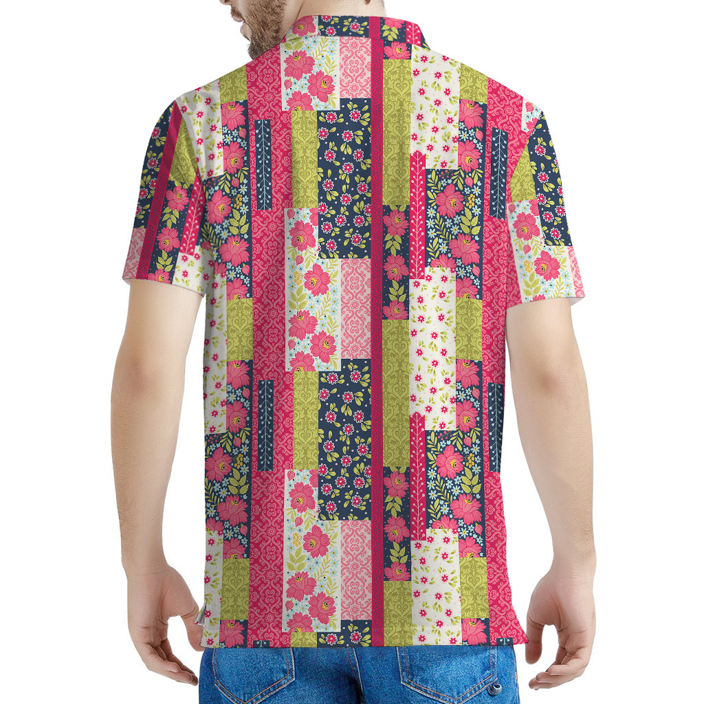 Pink Flower Patchwork Pattern Print Men's Polo Shirt